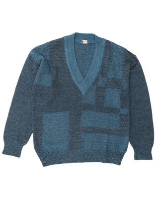 VINTAGE Herren V-Neck Pullover Pulli IT 50 mittelblau Geometrisch Polyacryl DR06