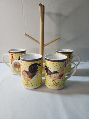 American Atelier At Home Rooster  Set Of  4 Coffee Mugs +mug Tree Farm House 