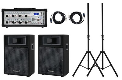Aktivanlage mit 300 Watt 8-Kanal Powermixer, 10'' PA-Boxen, Stativen & Kabeln