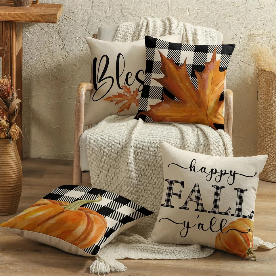 Fall Pillow Covers 18X18 Thanksgiving Farmhouse Decorations Buffalo Plaid Pumpki - Image 2 of 4