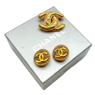 Authentic Chanel Coco Mark Earrings & Matelassé Brooch Set of 2 W/Box BL010043