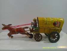 Vintage Alps Pioneer Wagon Tin Friction w/ Cowboy  Horse Good  Condition