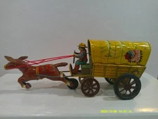 Vintage Alps Pioneer Wagon Tin Friction w/ Cowboy & Horse Good+++ Condition