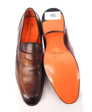 $995 SANTONI - Leather Brown Patina Penny Loafers - US 9.5 (8.5 UK)