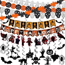 Halloween Indoor Decor Swirls Banners Bat Spider Pumpkin Skull Ghost Party Kit