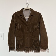 Joo-Kay Brown Suede Leather Fringe Jacket 60s 70s Vintage Western Coat Womens L