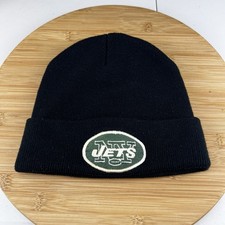 Vintage New York Jets Beanie Hat Cap OSFM Adult Black Knit Cuff Embroidered Logo