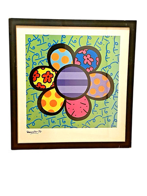 Romero Britto Flower Power IV Framed Art Print Modern Pop Art Style Plate Signed