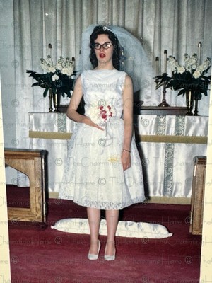 Vintage Photo Bride Cat Glasses Knee Length Dress 1960 s Wedding