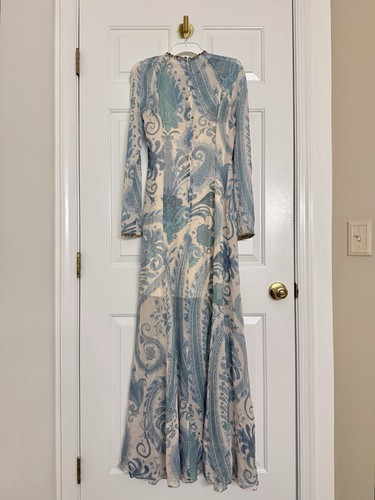 Maxi Vestido Zimmermann Azul Vaina Iluminada Azul Turquesa Paisley AU0 XS Nuevo sin Etiquetas $1050 - Imagen 10 de 16