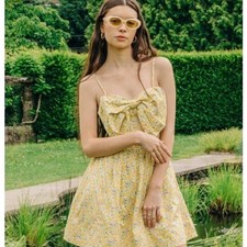 NWT Love The Label Dolcia Bow Mini Dress Liberty Fabric Mrs Stoneley Yellow XS
