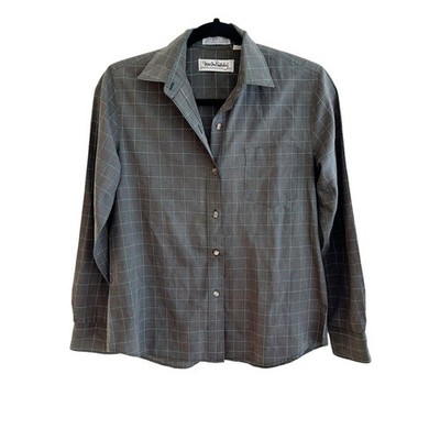 Diane Von Furstenberg Vintage Plaid Cotton Button Up Shirt Grey Size 10