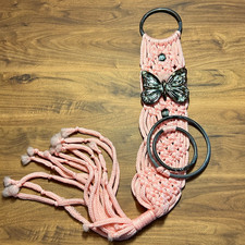Vintage Hanging Macrame Butterfly Towel Holder Retro 70s Pink W Glazed Beads 44