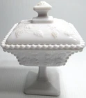 Vintage Westmoreland Glass Candy Dish Paneled Grape Beaded White Milk 6 3/4" T