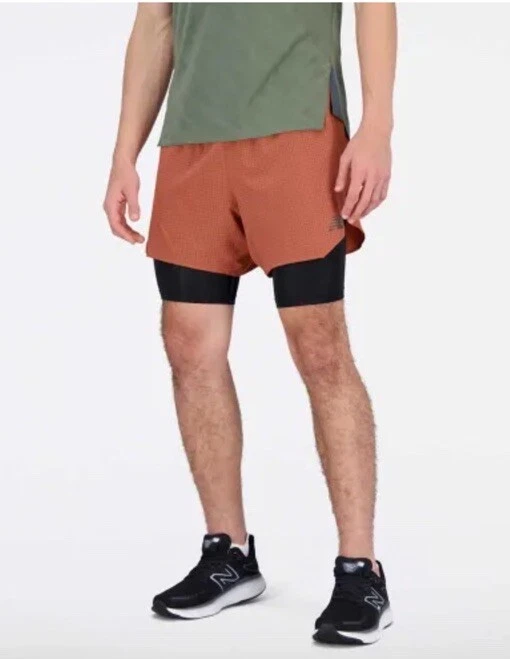 New Balance Pantaloncini da Corsa Uomo 2 in 1 Q Velocità 5 Pollici Arancione Secco Veloce Taglia XL