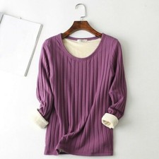 Femme Polaire T-Shirt Chemisier Rayé Haut Pull Chaud Épais Extensible Hiver