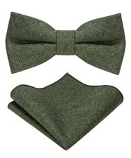 Wool Pre-tied Olive Green Bow Tie and Pocket Square Set for Men2