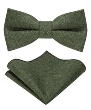 Wool Pre-tied Olive Green Bow Tie and Pocket Square Set for Men2