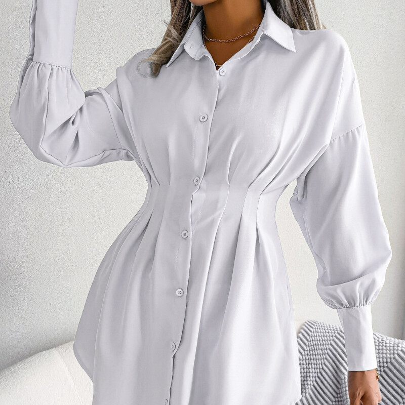 Button Down Bishop Sleeves Pleated Mini Shirt Dress, Army Green / L