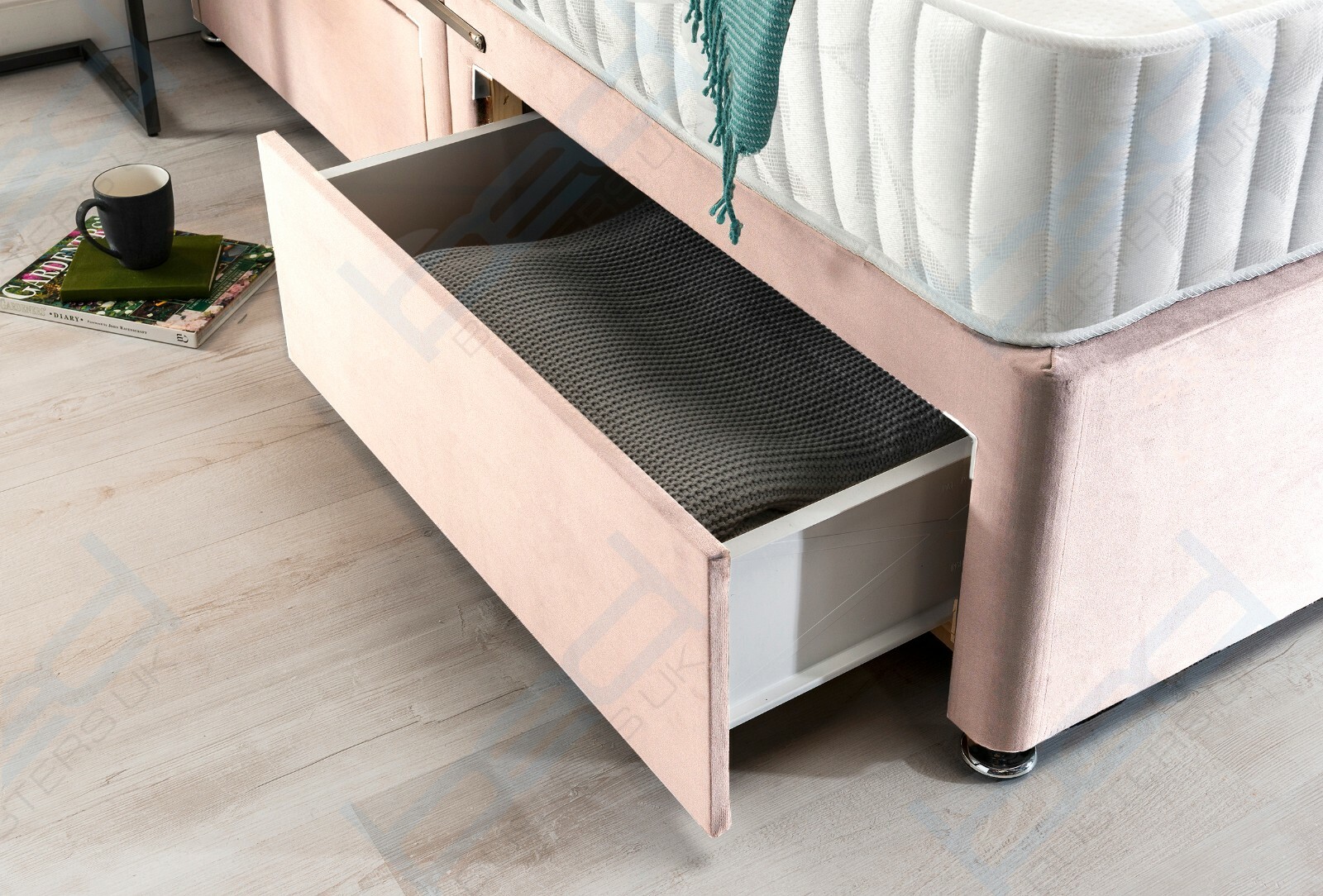 PINK PLUSH VELVET DIVAN BED SET WITH MATTRESS & HEADBOARD, 4FT6 DOUBLE