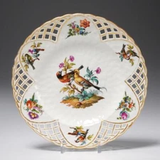 KPM Antique Exotic Bird Plate Pierced Reticulated Border Early 19th C 9"