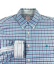 Brooks Brothers Men's Non-Iron Flip Cuff Cotton Blue Check Oxford Shirt Large