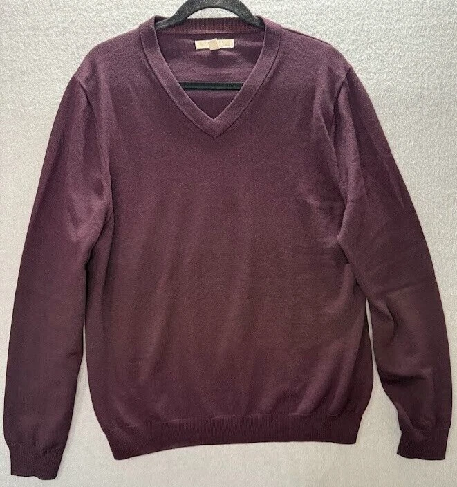 Nordstrom Men Sweater Size Large Purple 100% Merino Wool V Neck Pullover