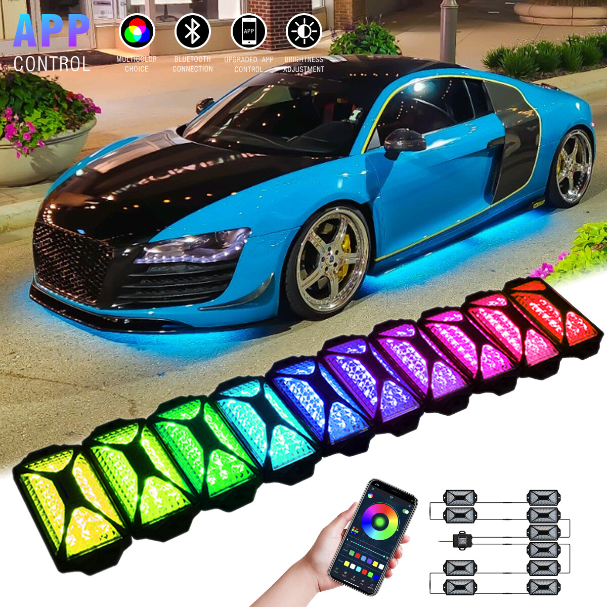 10 Pods RGB Underglow Rock Light APP Remote For Audi R8 TT RS A3 A4 S3 S4 S8 S8