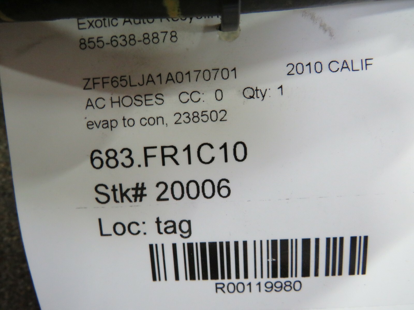 Ferrari California, AC Hose, Evaporator to Condenser, Used, P/N 238502