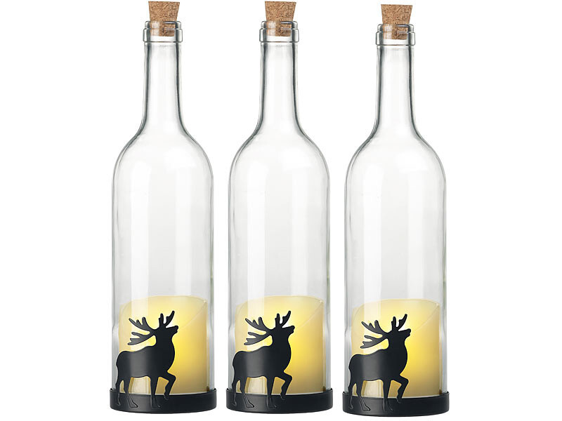 3 bouteilles de vin decoratives avec bougie LED Lunartec en verre