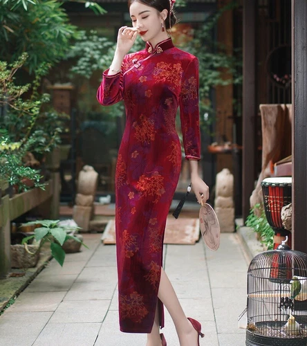 Mujeres Otoño Invierno Terciopelo Qipao Vestido Chino Largo Cheongsam Noche Fiesta Vestido - Imagen 6 de 17