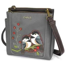 CHALA GREY CHICKADEE BIRD MERRY MESSENGER TOTE BAG PURSE FAUX LEATHER RFID
