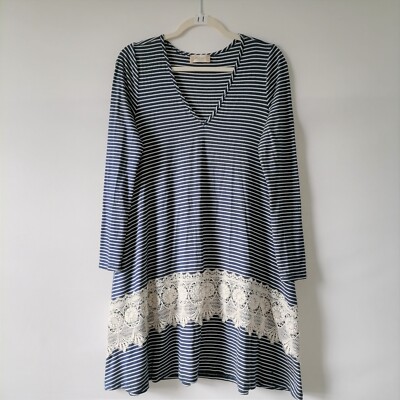 Altar'd State Blue Long Sleeve Crochet Lace Trim Striped Shift Dress S  Pockets | eBay