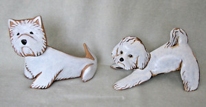 Pair Lynda Pleet's 5" dog figurines - Bichon Frise & Westie signed, c.1990 Resin