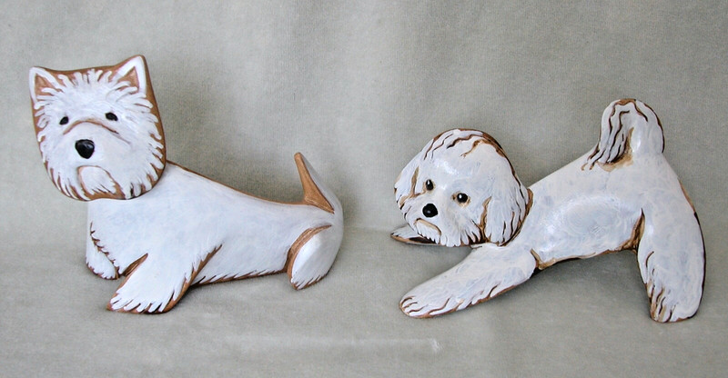 Pair Lynda Pleet's 5" dog figurines - Bichon Frise & Westie signed, c.1990 Resin