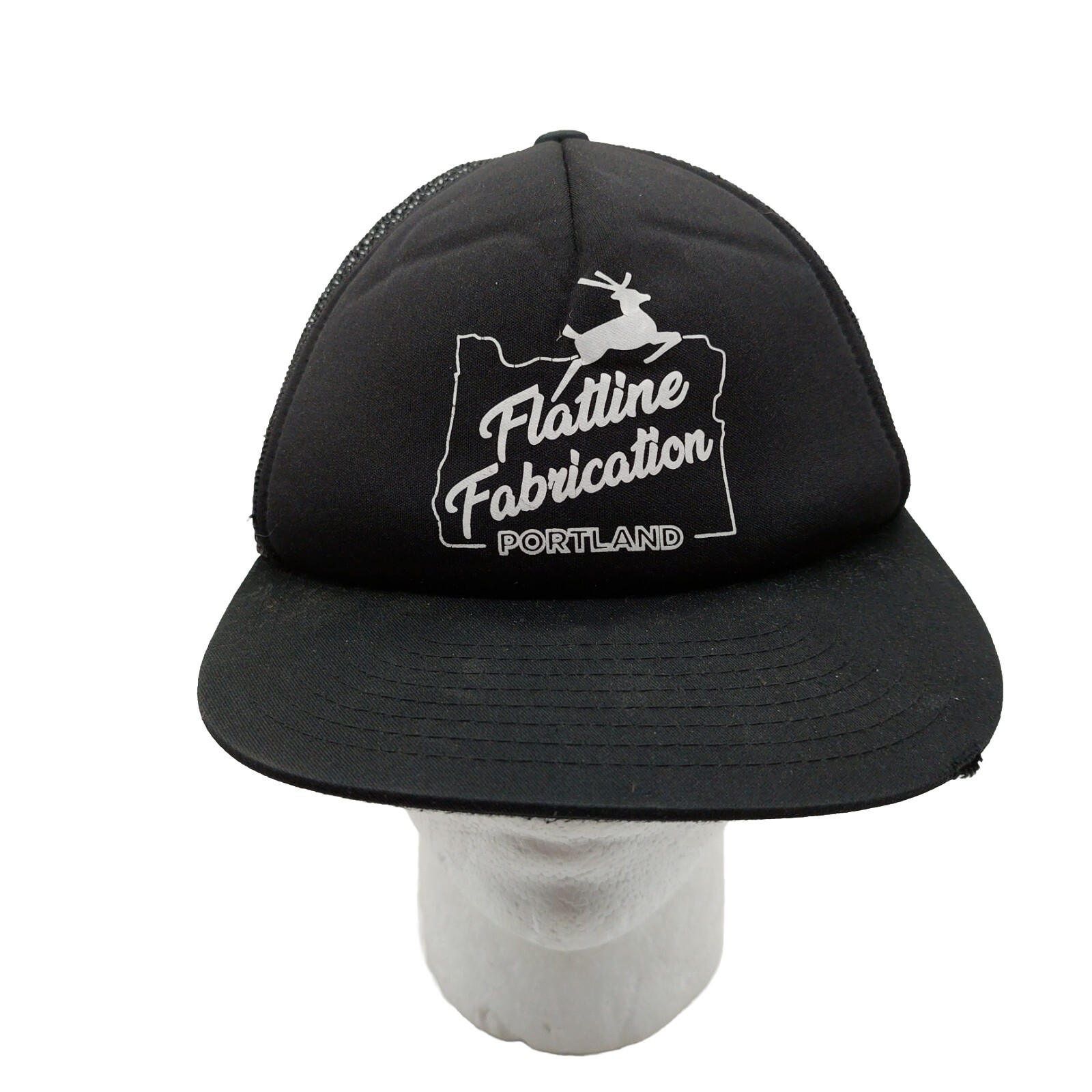 Flatline Fabrication Portland Black White Hat Mesh Snap back Distressed