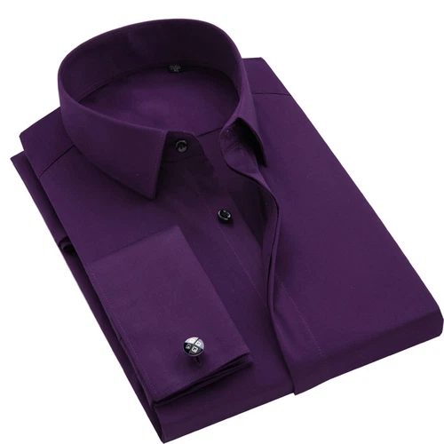 Camisas formales de oficina para hombre manga larga puño francés sin gemelos vestido boda - Imagen 15 de 29