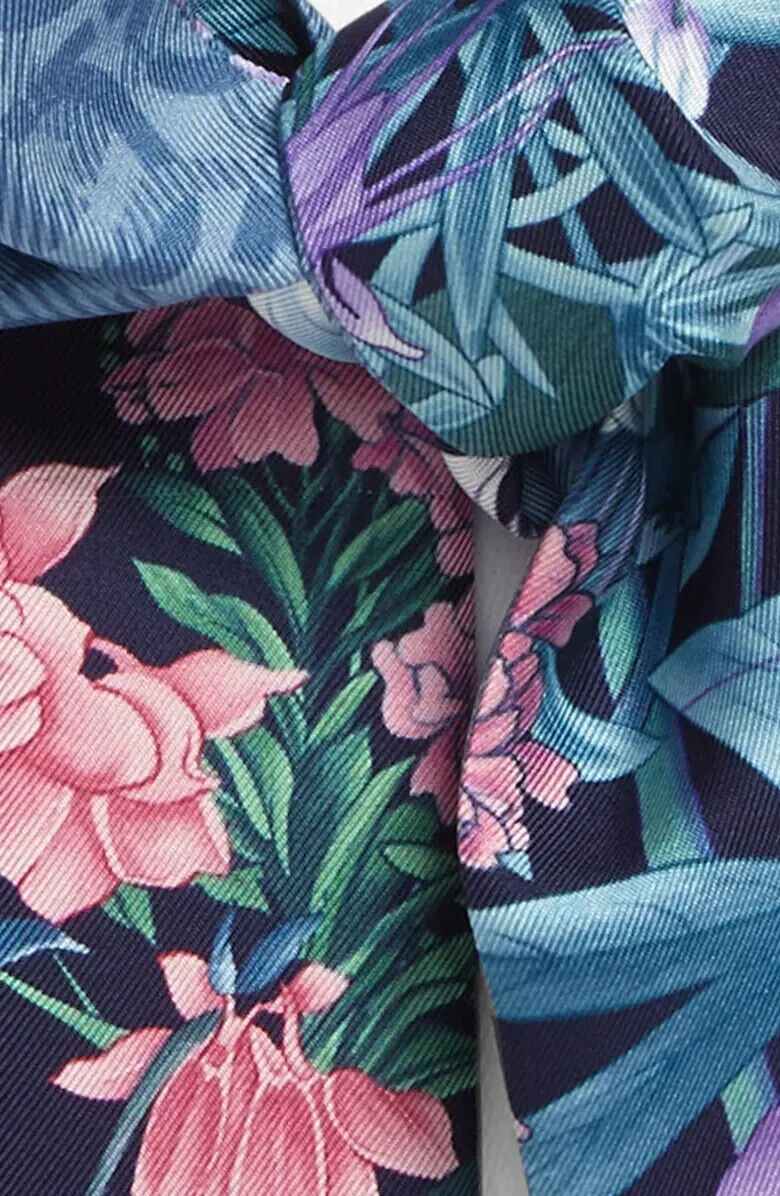 Salvatore Ferragamo Giardino Floral Gancini Silk Skinny Scarf Blue