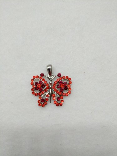 Silver Tone Butterfly Pendant w/ Red Rhinestones