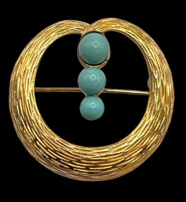 Vintage Ciner Faux Turquoise Cabs Wreath Brooch Modernist Gold Tone