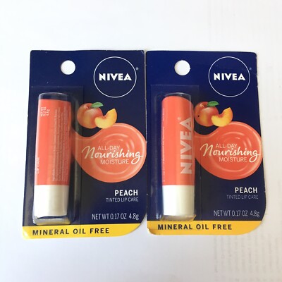 TWO NIVEA PEACH LIP BALM NOURISHING ALL DAY MOISTURE TINTED MINERAL OIL FREE