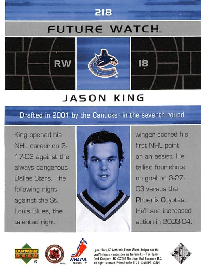 2002-03 SP Authentic #218 Jason King RC /900 - Image 2 of 2
