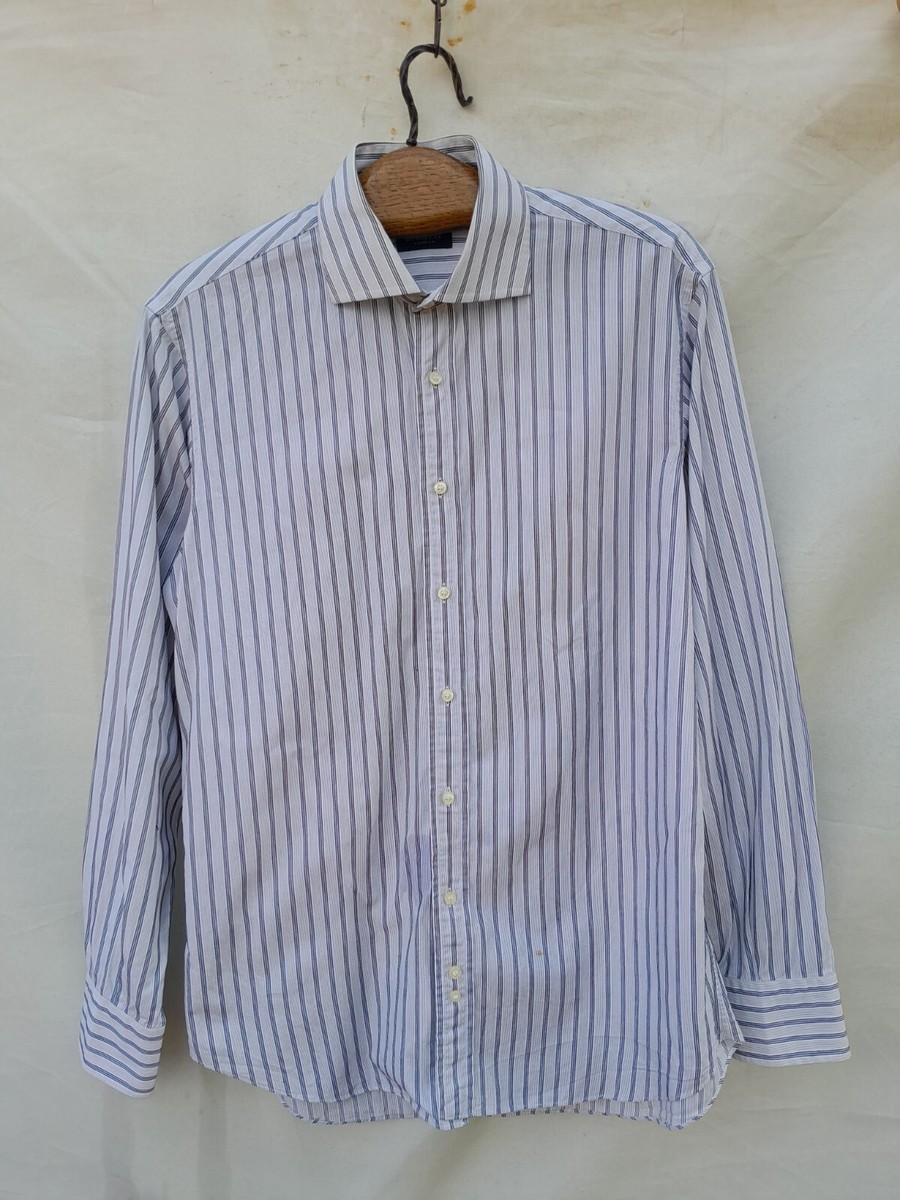 Burberry Shirt Mens 15.5 Grey Striped Cutaway Embroidered Logo