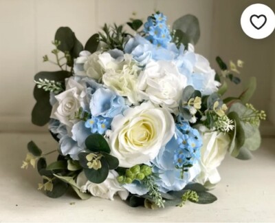 Hellblau weiß und elfenbein Seide Hochzeitsstrauß. Rosen Braut Blumen Brautjungfern