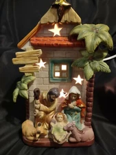 Ceramic Christmas Manger Nativity Scene Lighted 3D Tabletop Display