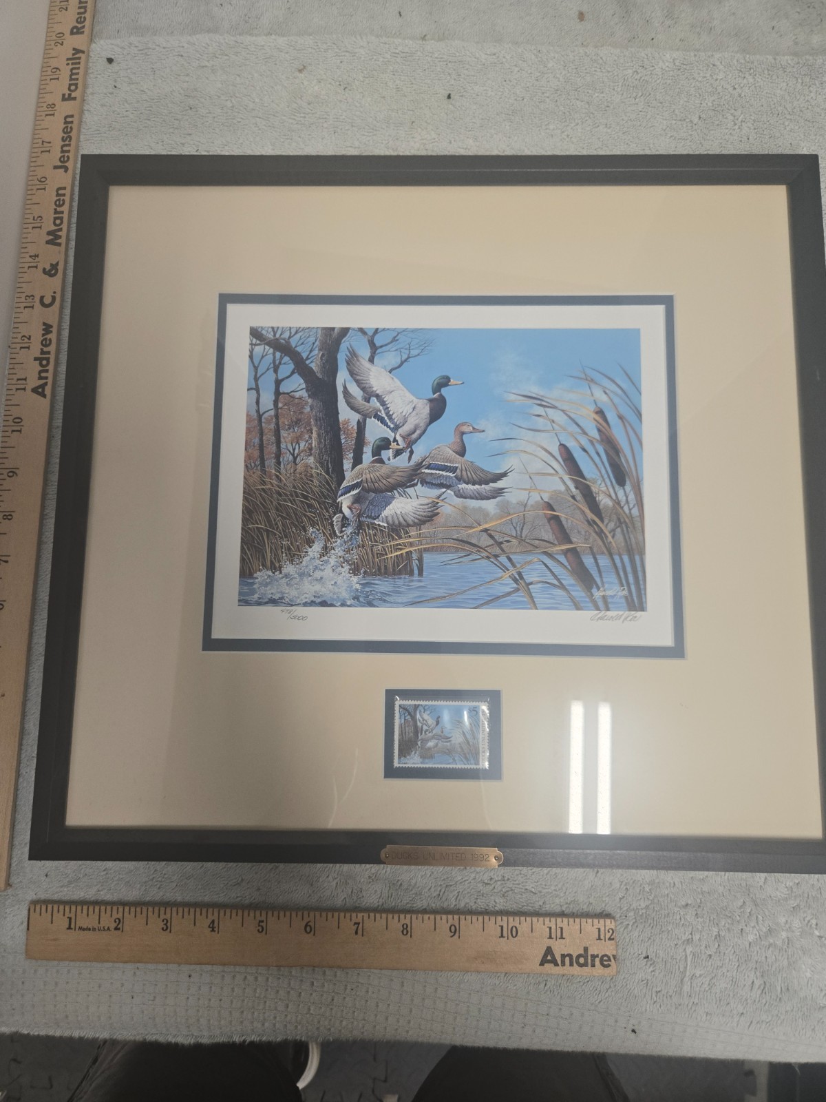 ducks unlimited, framed matted, 1992 stamp, glass 17" x 15.5", COA Roe, 476/5000