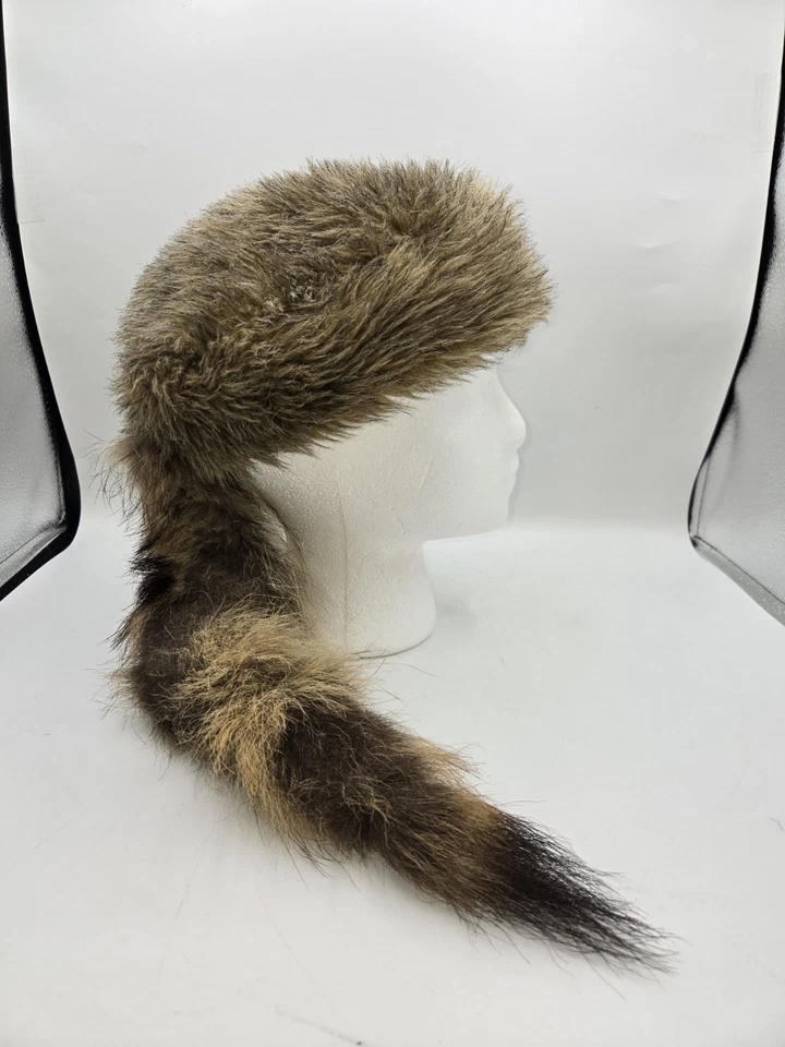 Daniel Boone Davey Crockett faux RACCOON TAIL HAT CoonSkin Cap Halloween Cosplay - Image 3 of 4