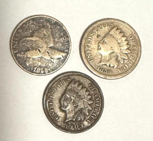 1858 Flying Eagle Cent, 1859 Indian Cent & 1903 XF Indian Cent from Old Estate