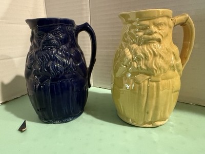 Set of 2 Antique Toby Jugs Man with Beard. Solid Mustard & Blue Cracked Chipped