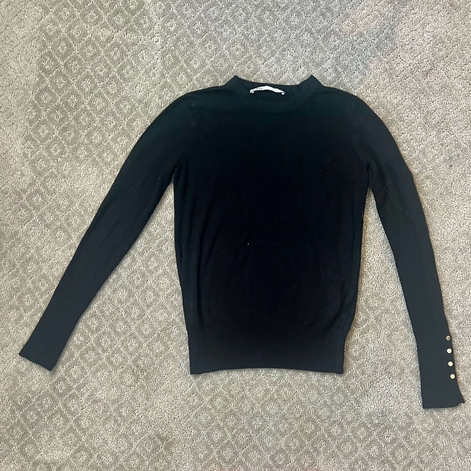 Zara Black Crew Neck Sweater With Button Cuff Detail Size Small